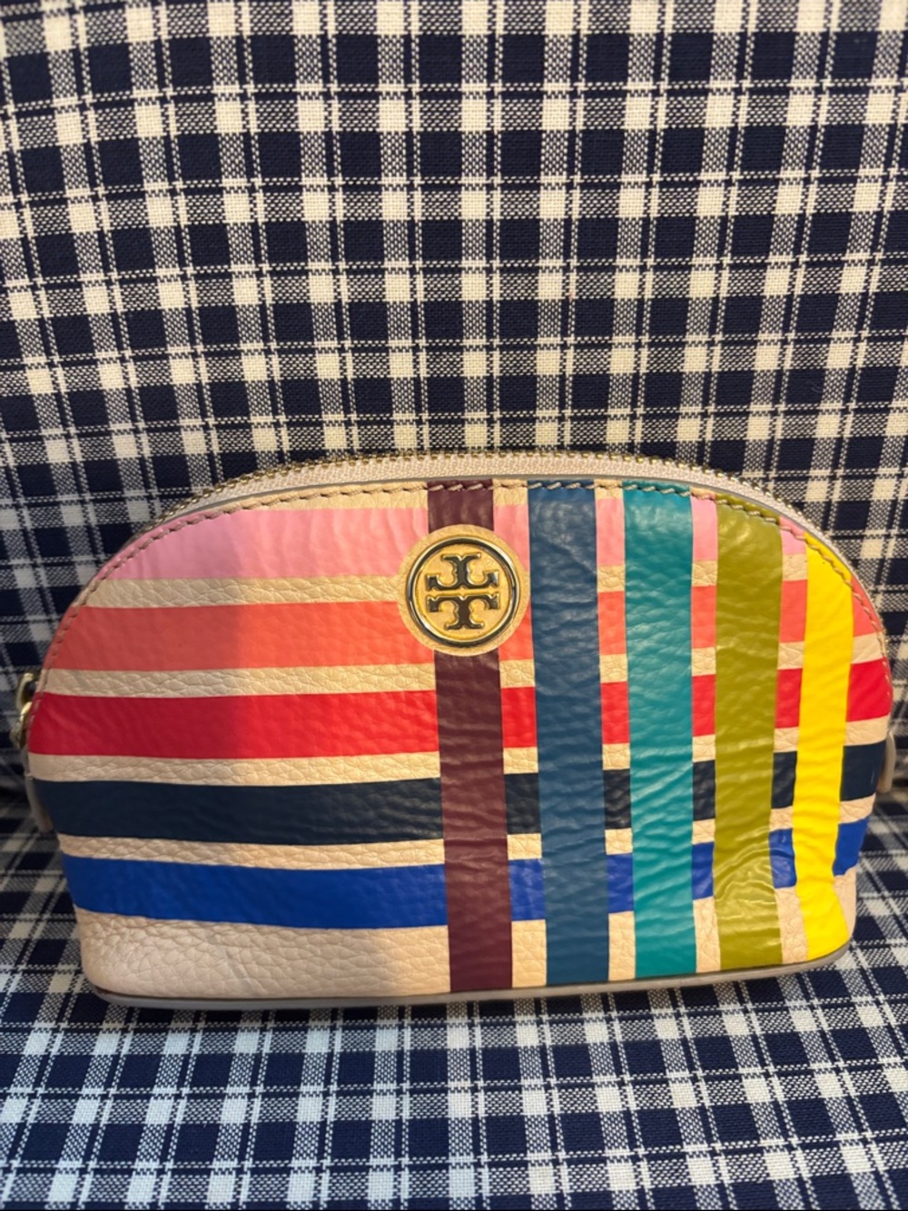 Tory Burch retired Striped Multicolor Leather Cosmetic Pouch with Gold Logo
